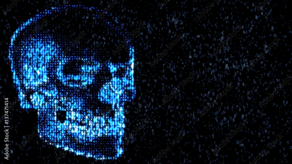 Poster danger in the internet. malicious code hacker. skull