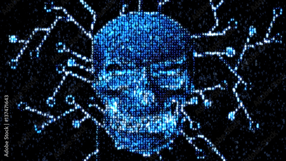 Poster danger in the internet. malicious code hacker. skull