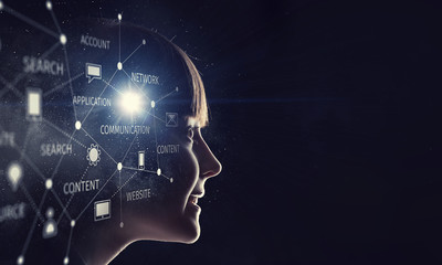 Little girl looking in the darkness . Mixed media