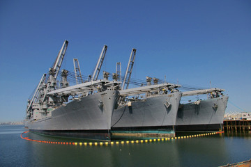 ALAMEDA, USA - MARCH 23, 2010: US Navy crane ships anchored in the bay of San Francisco, Alameda, USA on March 23, 2010.