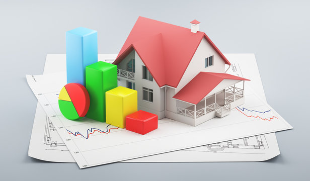 Casa 3d con progetti edilizi e grafici istogramma