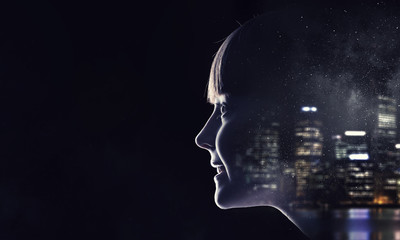 Girl on dark background . Mixed media