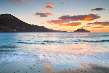 Sunset at Aegiali beach on Amorgos island.