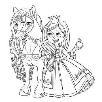 Beautiful princess with horse outlined picture for coloring book on white background
