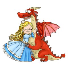 Little princess hugs dragon isolated on white background © Azuzl