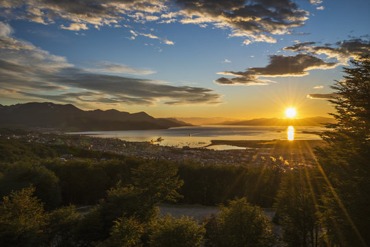 The sun rises over the port of Ushuaia in Argentina as a ship enters the calm bay, trees in the foreground and low hills on the horizon, while the sky is dotted with clouds and turns from a golden yellow to a deep blue; Ushuaia, Argentina