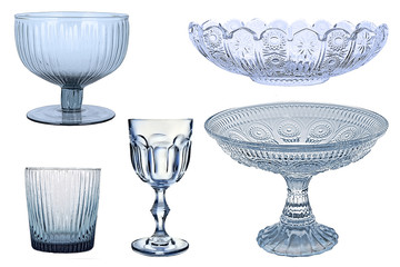 set for the kitchen on a white background, Glassware retro old. Crystal transparent utensils. Fruit bowl. vase, glass plate for dessert, serving tea. glass, wine glass.old, isolated. vintage