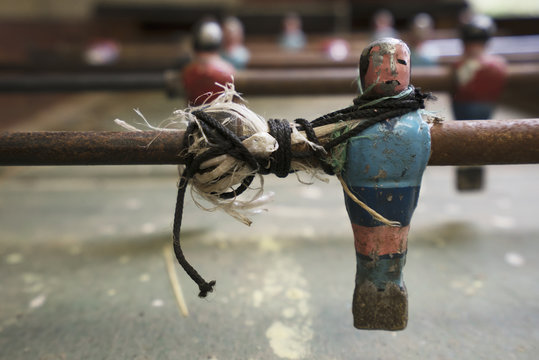 Close up of an old foozball table; Bolivia