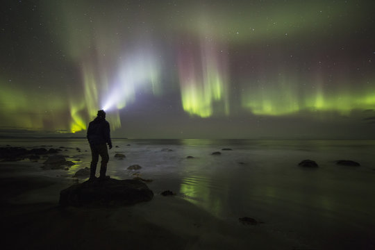 Northern lights dancing over the Langanes Peninsula and the Atlantic Ocean, Iceland, while a person stands on a rock watching them; Iceland
