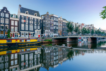 Amsterdam. City Canal at dawn. - obrazy, fototapety, plakaty
