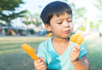Asian boy eating ice cream in the garden.