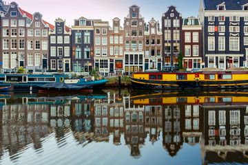 Amsterdam. City Canal at dawn. - obrazy, fototapety, plakaty