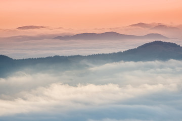 Mountain valley during sunrise. Natural landscape in the summer time