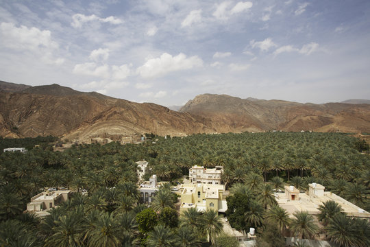 Landscape view of the Jabal Akbar mountains with traditional village