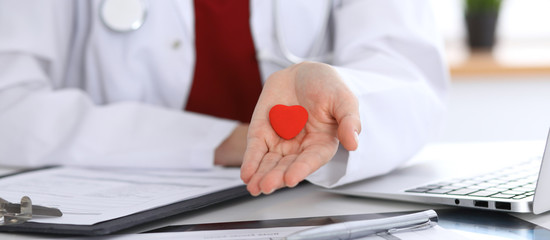Unknown female doctor with stethoscope holding heart. Children's cardiology and medical care, stop...