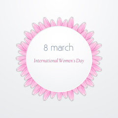 International Women's Day Vector illustration Bouquet of pink tulips arranged in circle on white background and inscription 8 March International women's day Realistic style