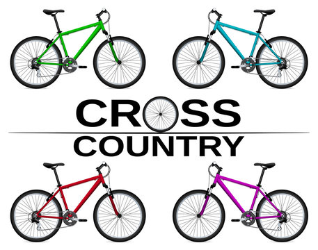 Cross-country bikes in different colors. Detail drawing. Isolated object. Vector Image.