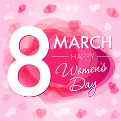 8 March Happy Womens day hearts card. 8 March Women's Day greeting card template with vector pink hearts on background