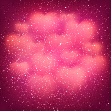 Valentines Day background with cloud of glowing blurred bokeh hearts and glitter confetti. Pink decorative light backdrop for wedding, romantic cards design. Colorful vector illustration.
