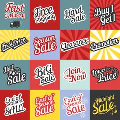 cardsheepBig set of typographic for sale and promotion in retro style with sunburst background, for website, poster, banner in business