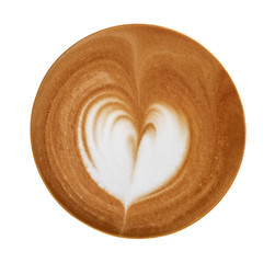 Top view of hot coffee latte art heart shape foam isolated on white background, clipping path included
