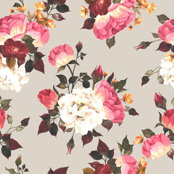 Seamless floral pattern with roses, watercolor. Vector.
