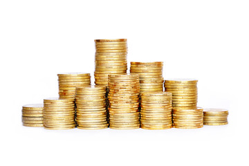Many coins in column isolated on white