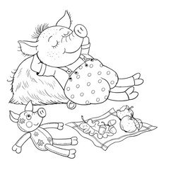 Three little pigs. Fairy tale. A cute pig. Coloring page. Illustration for children.