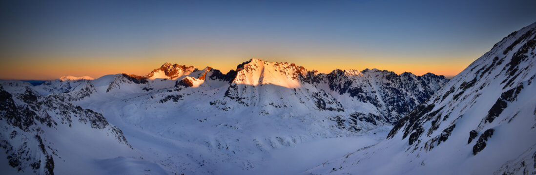 Panoramic view of Kozi Wierch at sunrise. Tatra mountain National Park