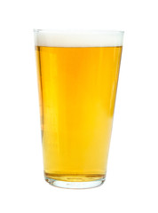 Pint glass of strong, gold beer, isolated on white background