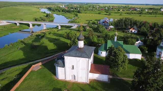 aerial view Church of Boris and Gleb and panorama of village Kideksha, Russia