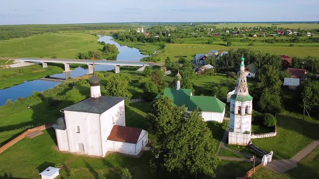 flight over Church of Boris and Gleb in Kideksha, Suzdal, Russia