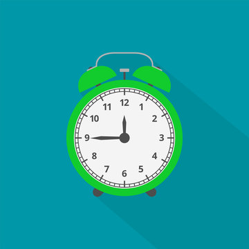 Alarm clock icon with long shadow. Flat design style. Vector illustration.