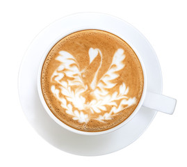 Top view of hot coffee latte art swan shape foam isolated on white background, clipping path included