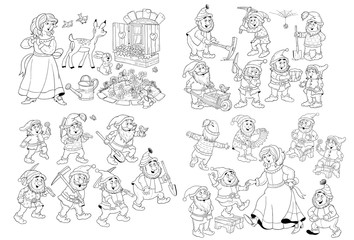 Fototapeta na wymiar Snow White and the seven dwarfs. Fairy tale. Educational book. Illustration for children