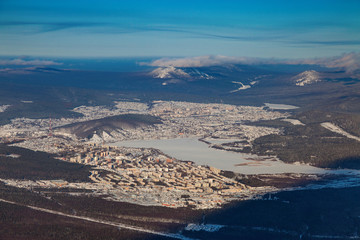Zlatoust town in winter, aerial view