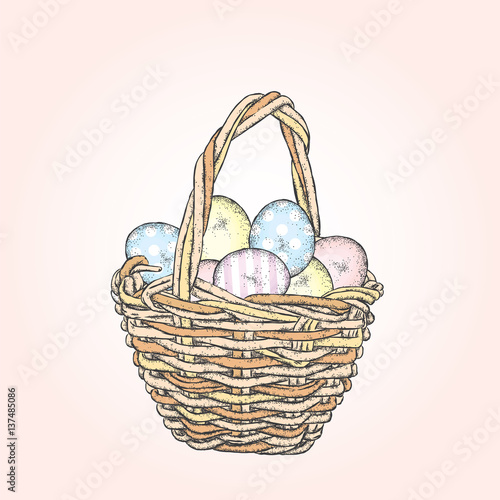 "Beautiful Vintage basket with Easter eggs. Vector illustration for a card or poster. Spring