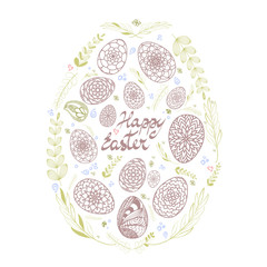 Decorative Card with Big Easter egg which consists of small hand drawn ornamental eggs and floral elements retro colored on white background. Doodle style.