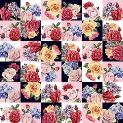 Seamless floral pattern with roses, watercolor. 
