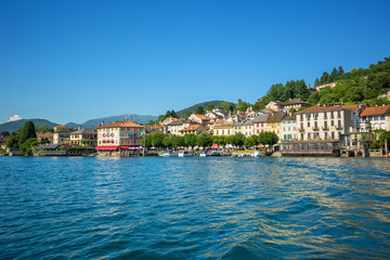 Fototapeta na wymiar Lakeside promenade at Orta, view from San Giulio island, Piedmont, Italy, Europe