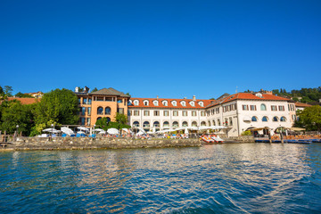 Lakeside promenade at Orta, view from San Giulio island, Hotel San Rocco, Piedmont, Italy, Europe