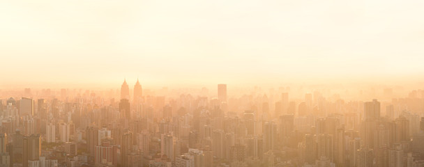Panoramic view of Shanghai cityscape at sunset