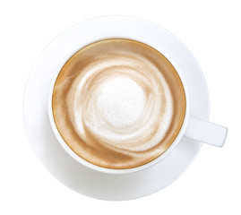 Hot cappuccino coffee spiral foam top view isolated on white background, clipping path included