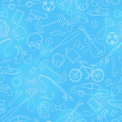 Seamless pattern on the theme of male Hobbies and habits,simple hand-drawn white contour icons on blue background