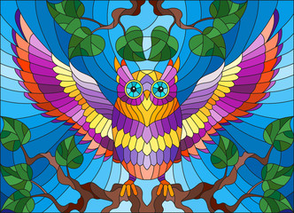 Illustration in stained glass style with fabulous colourful owl sitting on a tree branch against the sky