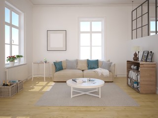 Fototapeta premium Modern living room with white walls and a comfortable sofa.