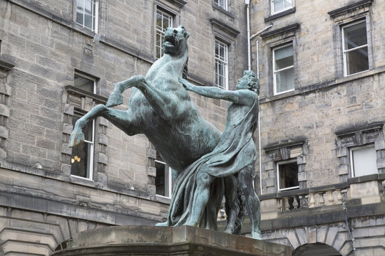 Alexander and Bucephalus Statue by Steell, City Chambers on Royal Mile Street; Edinburgh