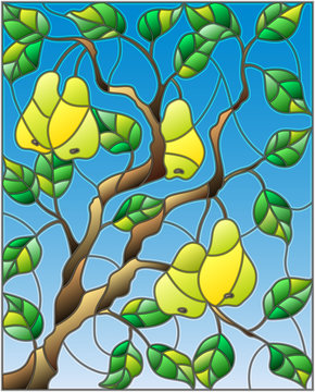 Illustration in the style of a stained glass window with the branches of pear  tree , the fruit branches and leaves against the sky