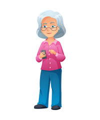 vector illustration of an old active lady with glasses, who is dressed in jeans and shirt. She is standing and surfing the internet on a smartphone