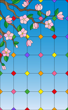Illustration in stained glass style with abstract cherry blossoms on a sky background